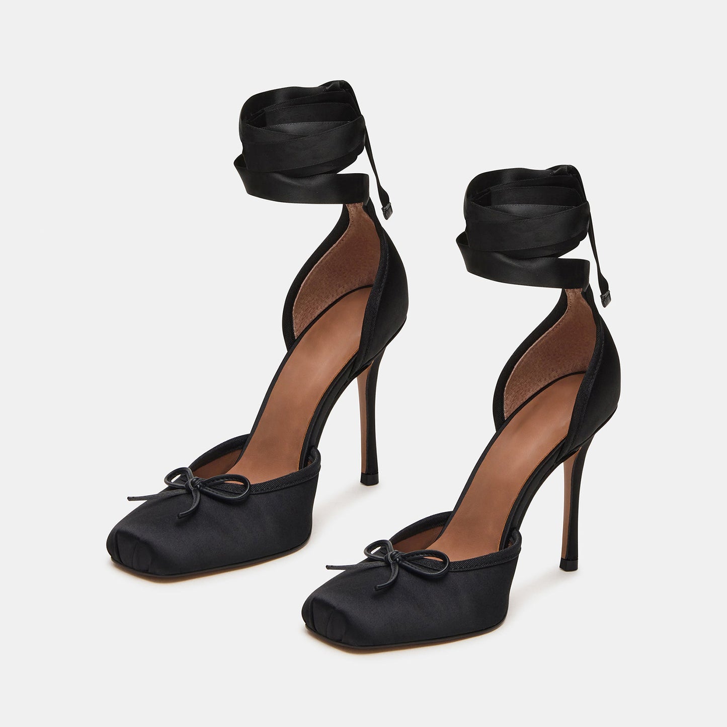 Black Satin Square-Toe Front Bow Ankle Strap Slip-On High Heels