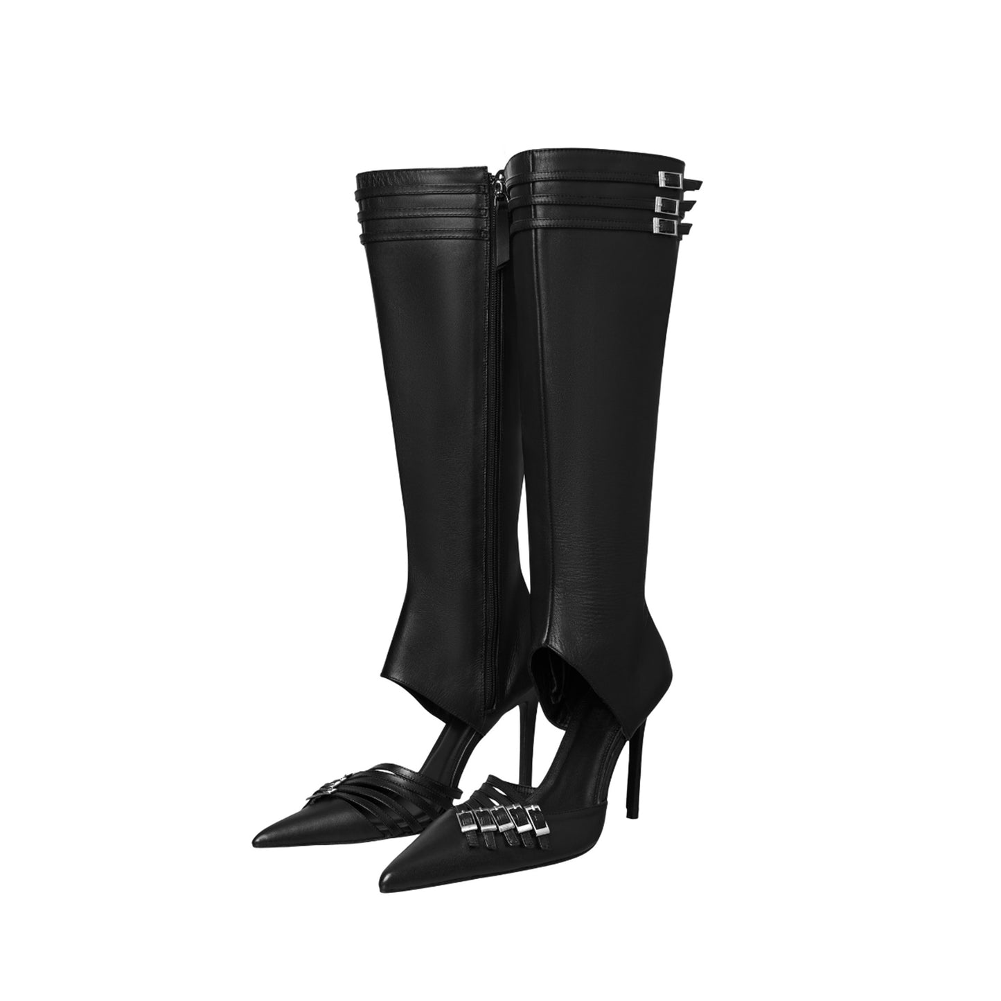 Black Pointed-Toe Buckle Straps Full-Zip Knee High Stiletto Boots