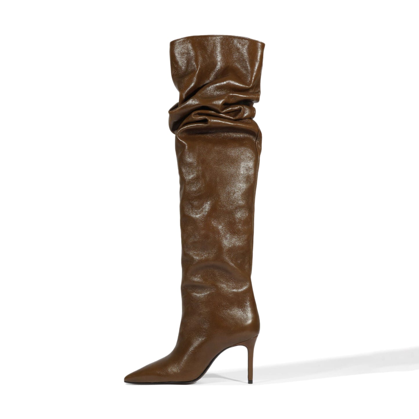 Brown Pointed-Toe Short-Zip Slouch Over-The-Knee Stiletto Boots