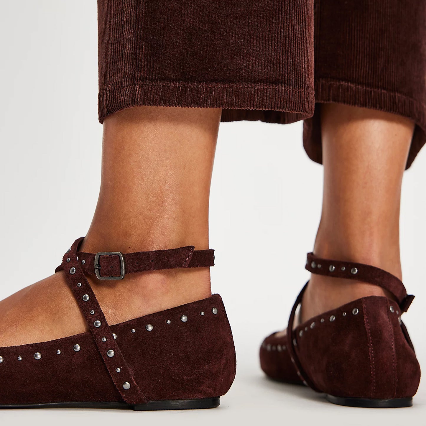 Dark Brown Faux Suede Square-Toe Wraparound Straps Studded Ballet Flats