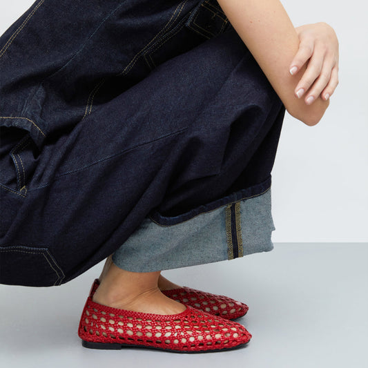 Red Woven Round-Toe Slip-On Classic Ballet Flats
