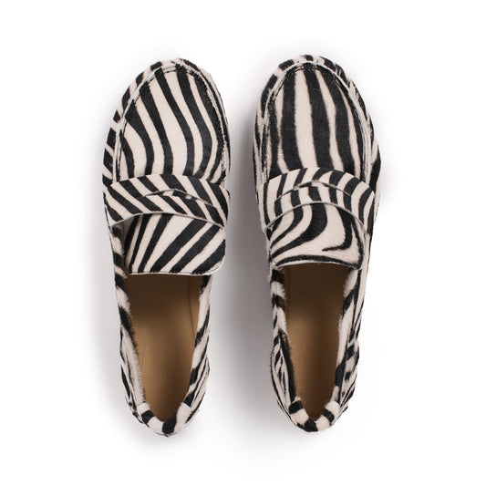 Zebra Print Pony Hair Vegan Leather Round-Toe Slip-On Chic Loafers Flats