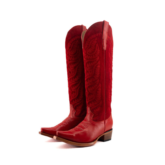 Red Contrast Faux Suede And Vegan Leather Snip-Toe Embroidery Half-Zip Knee High Cowgirl Boots