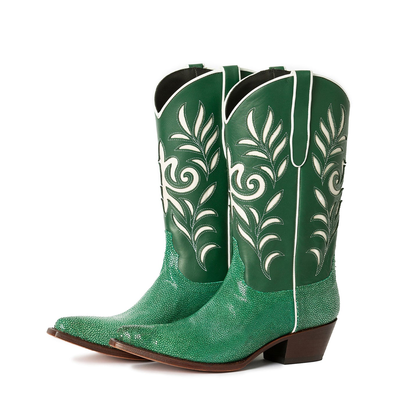 Contrast Green And Green Lizard Print Pointed-Toe Inlays Mid Calf Cowgirl Boots