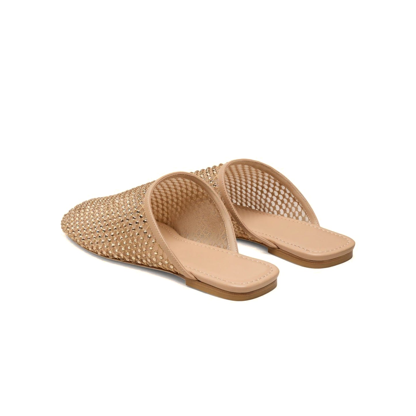Beige Mesh With Rhinestones Square-Toe Backless Flats