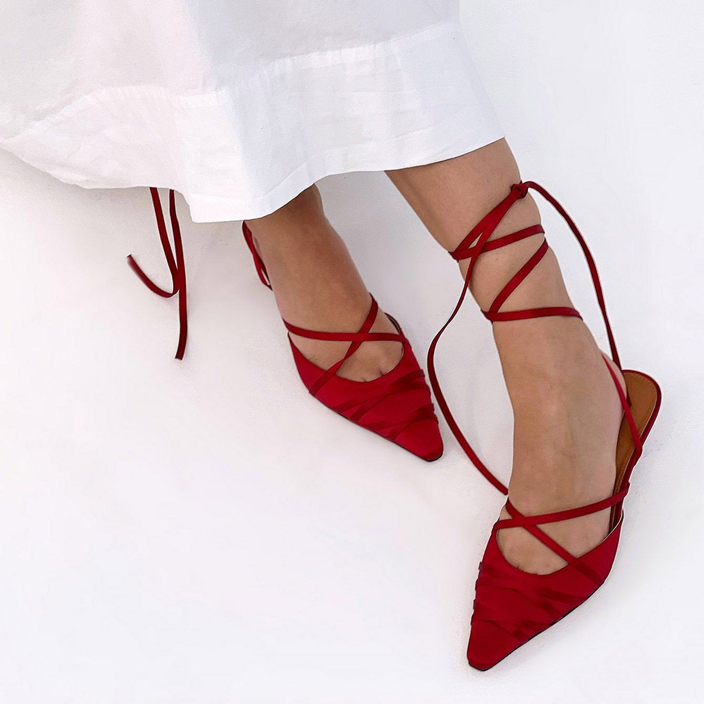 Red Satin Pointed-Toe Lace Up Detail Kitten Heels Pumps