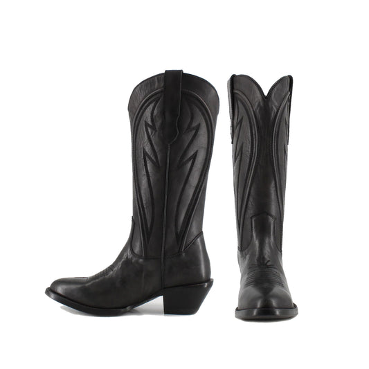 Black Almond-Toe Mid Calf Simple Embroidery Cowgirl Boots