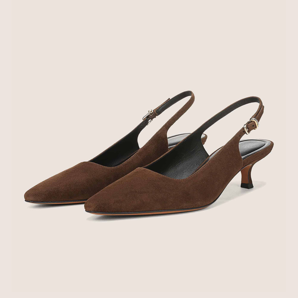 Dark Green Faux Suede Chic Pointed-Toe Buckle Slingback Kitten Heels