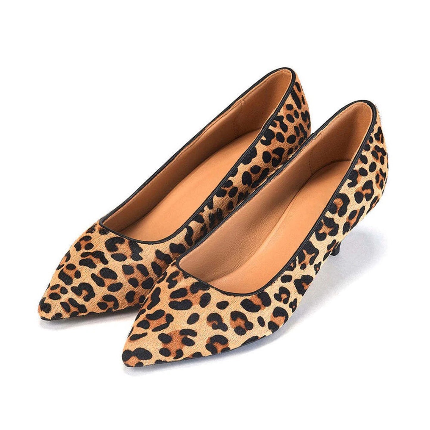 Leopard Pattern Pony Hair Vegan Leather Pointed-Toe Chic Kitten Heels