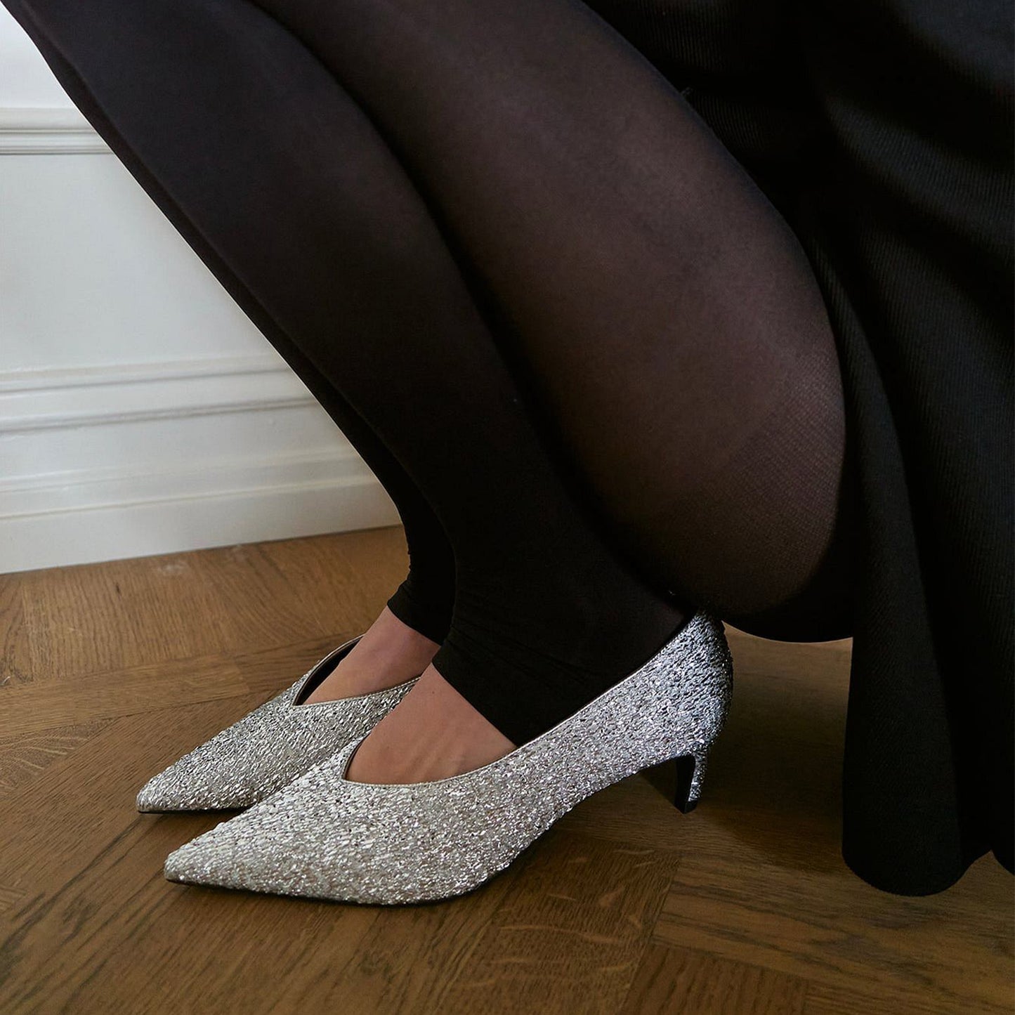 Metallic Silver Pointed-Toe All Sequin Slip-On Kitten Heels