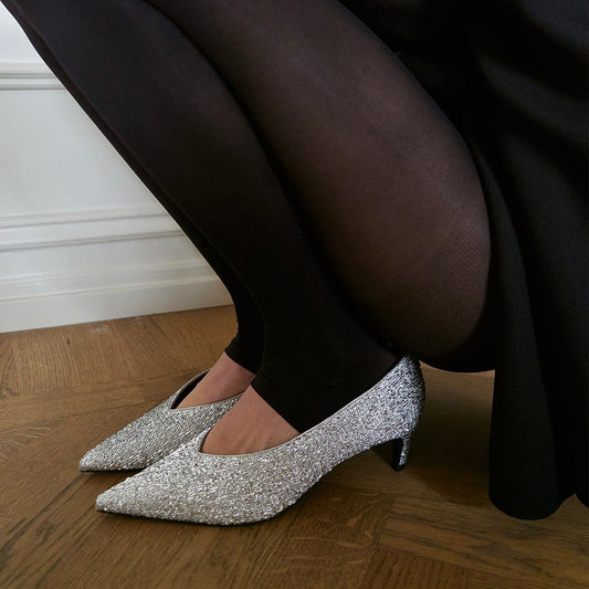 Metallic Silver Pointed-Toe All Sequin Slip-On Kitten Heels