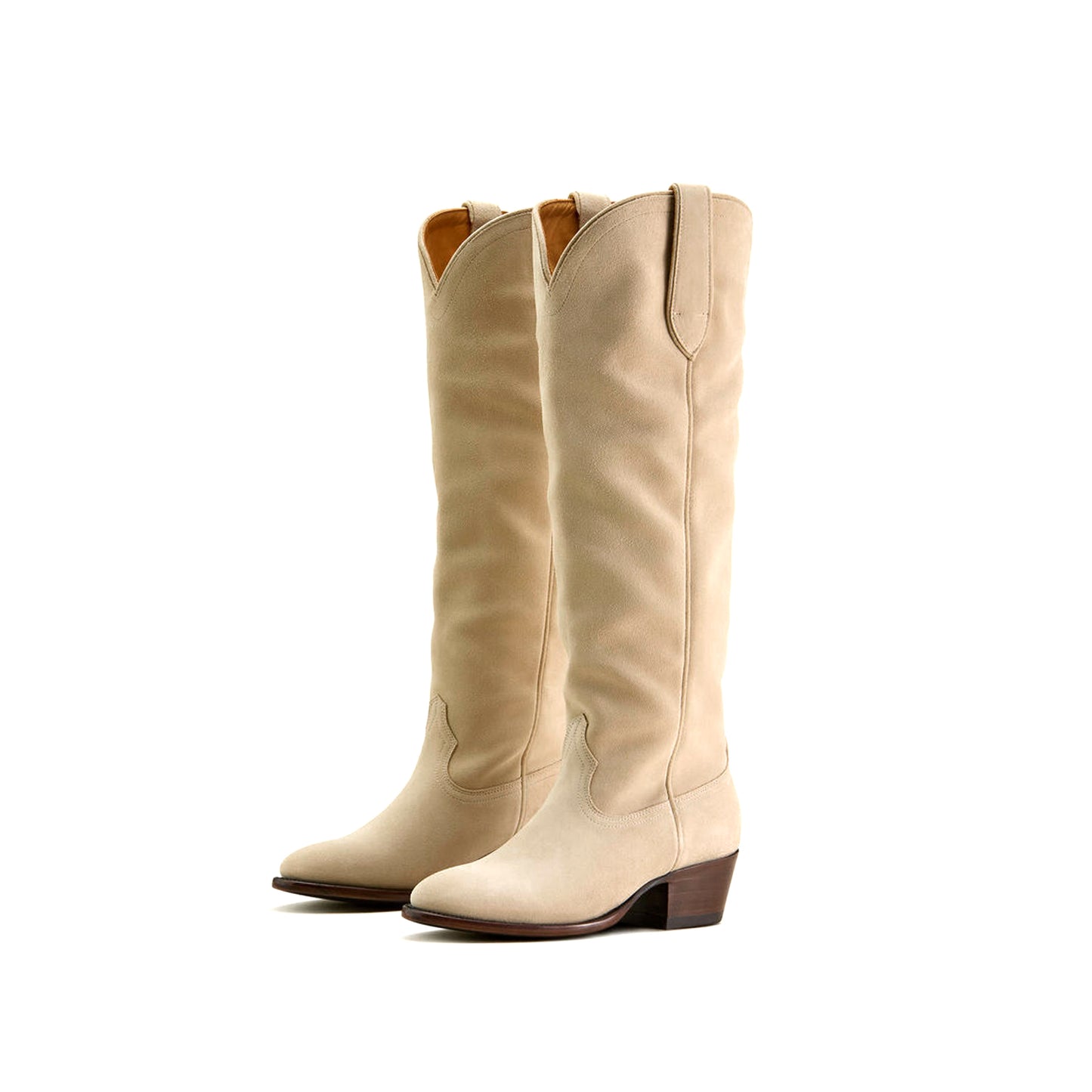 Beige Faux Suede Round-Toe Simple Wide Calf Knee High Cowgirl Boots