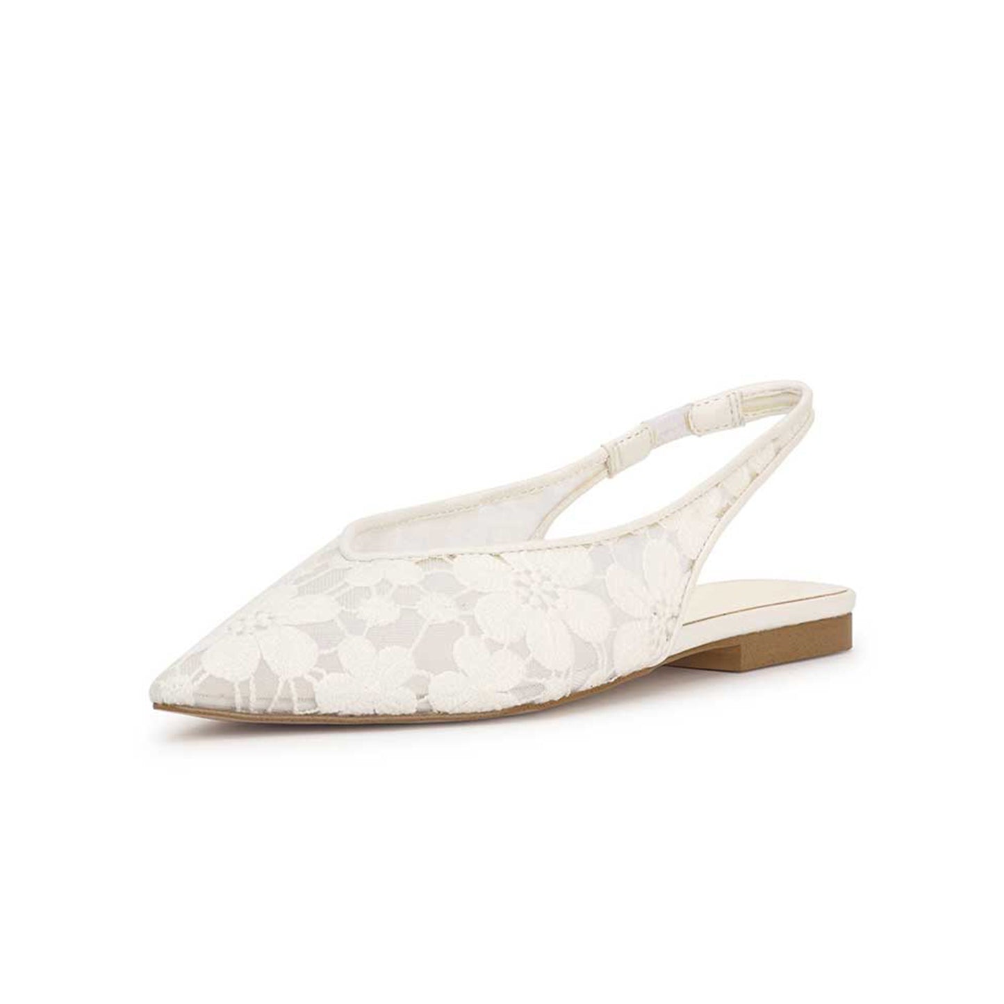 White Mesh Pointed-Toe Flowers Embroidery Back Strap Flats