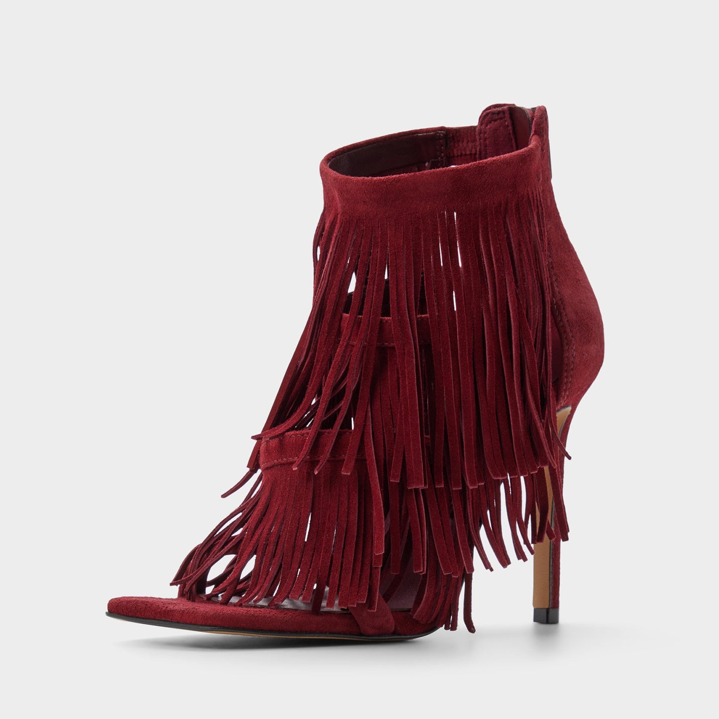 Burgundy Faux Suede Square-Toe Fringe And Strappy Back-Zip High Heels