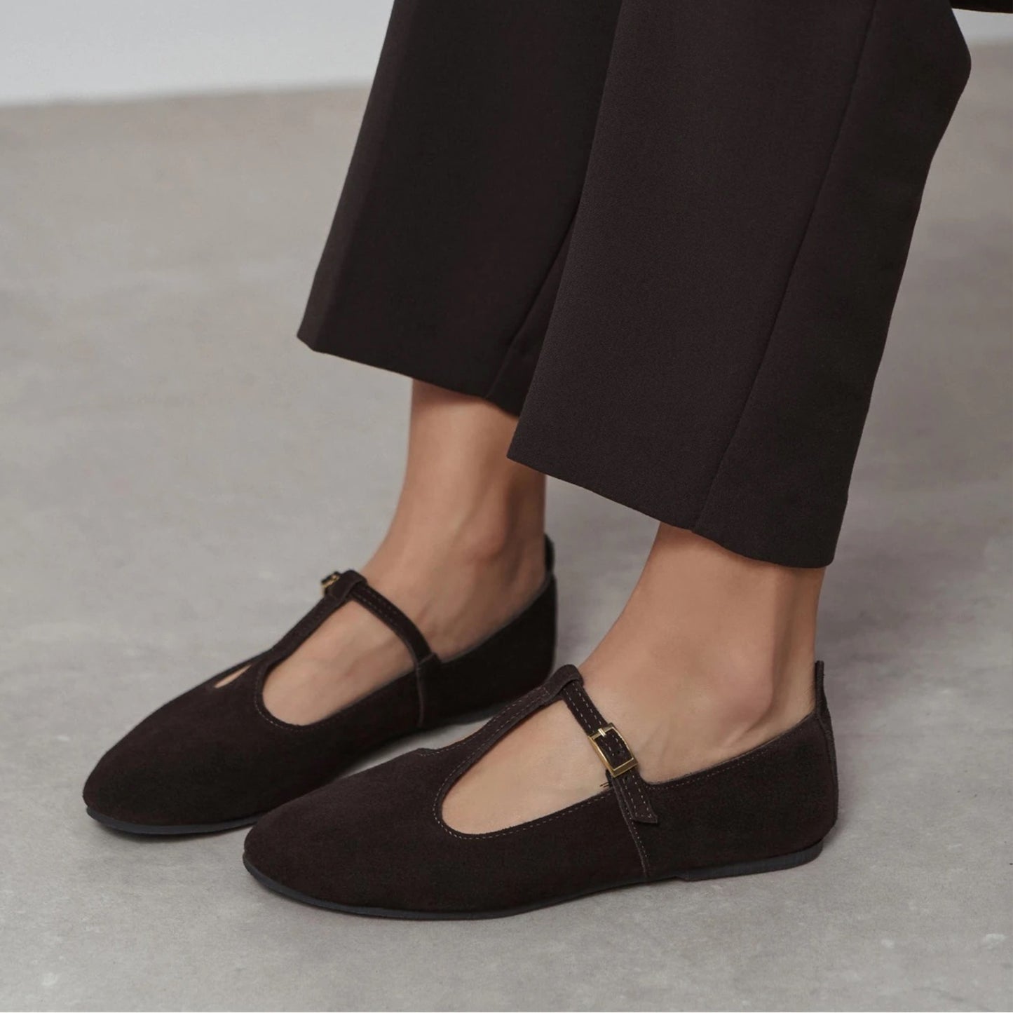 Coffee Faux Suede Round-Toe Buckle Middle Strap Simple Chic Flats
