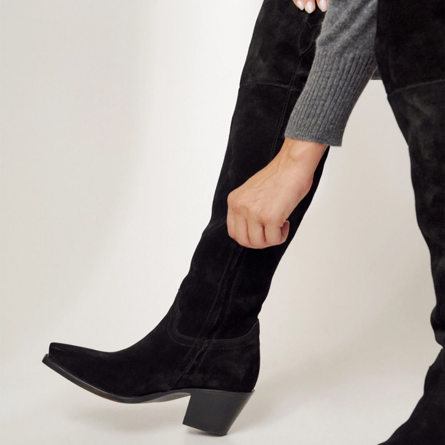 Black Faux Suede Snip-Toe Half-Zip Over-The-Knee Cowgirl Boots
