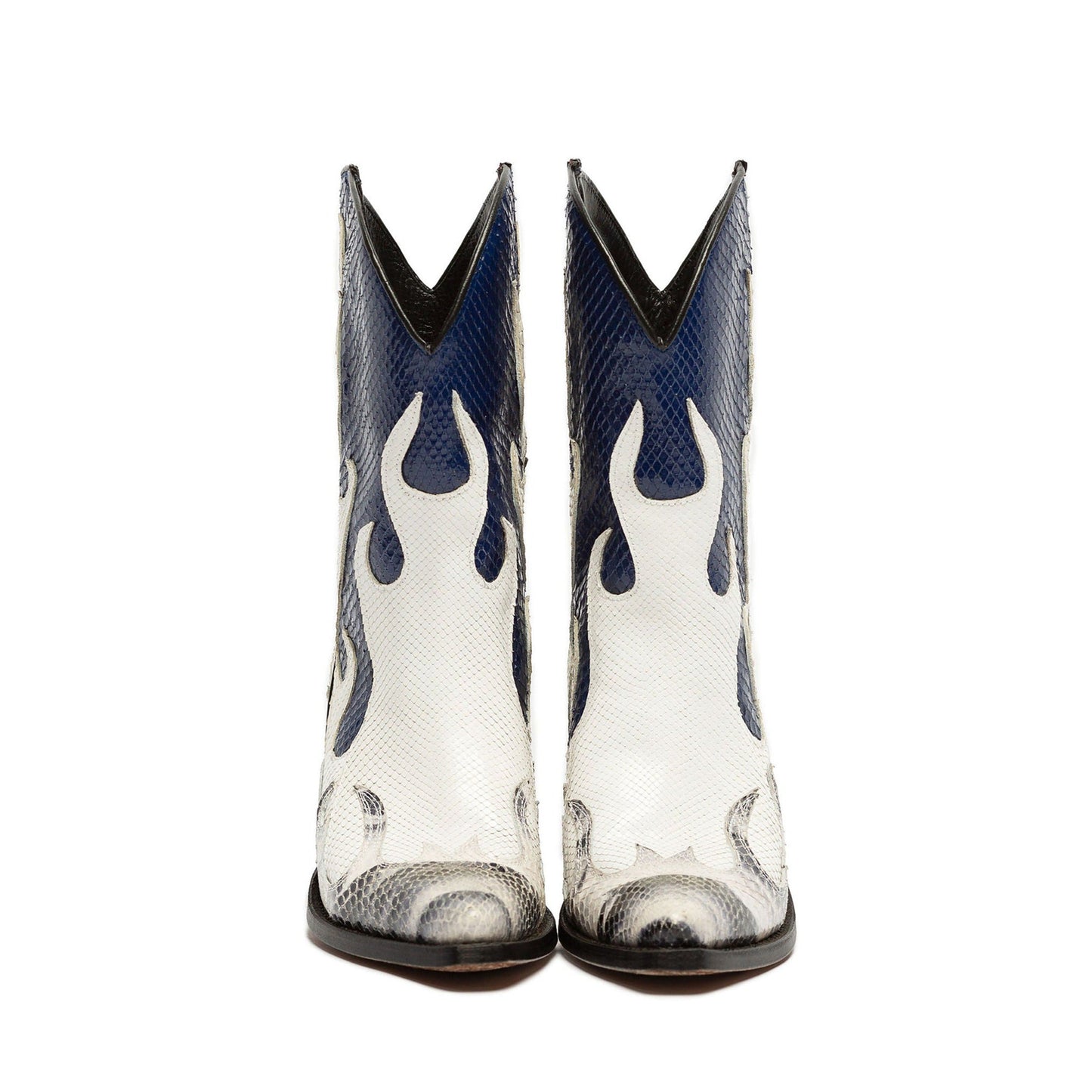 Contrast Colors Snakeskin Print Pointed-Toe Flame Appliques Ankle Cowgirl Boots