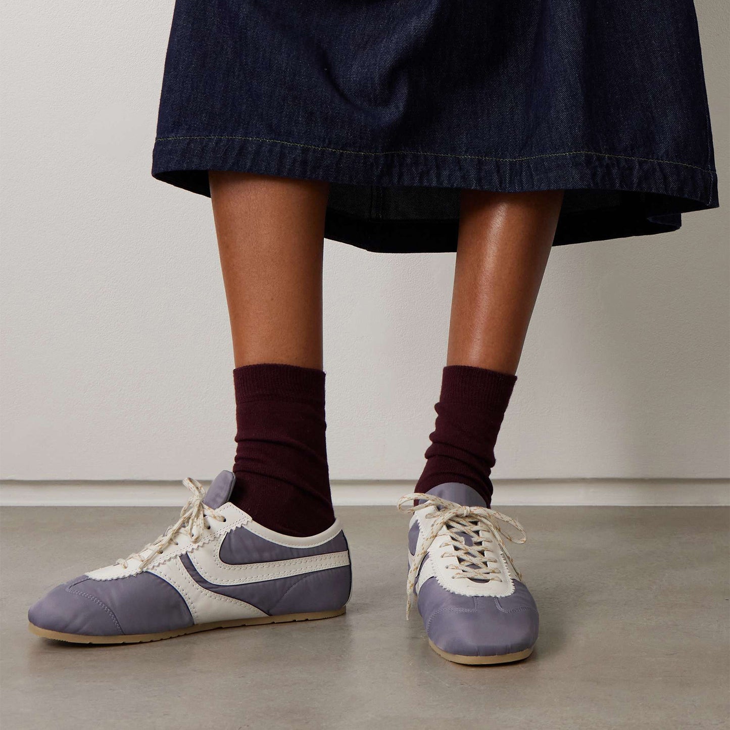Light Blue Contrast Vegan Leather And Cloth Square-Toe Lace-Up Sneakers Flats