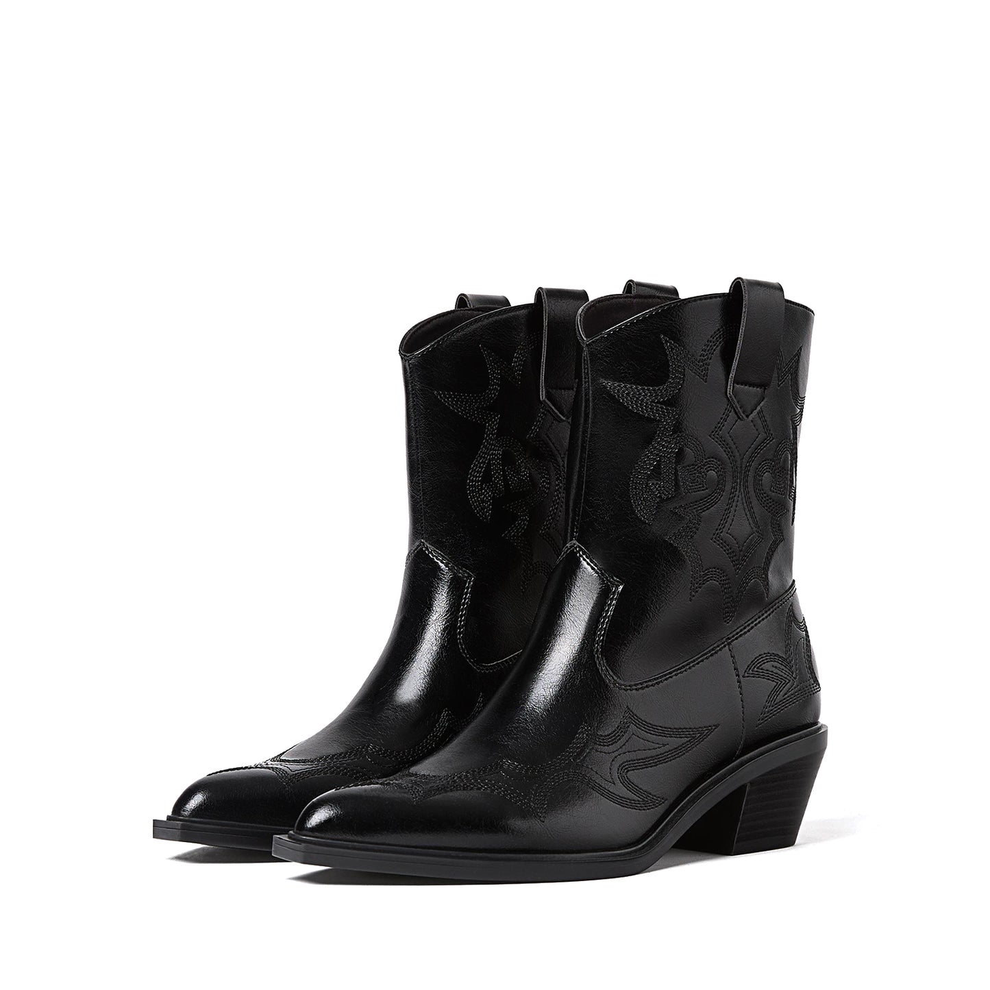 Black Almond-Toe Embroidery Detail Full-Zip Ankle Cowgirl Boots