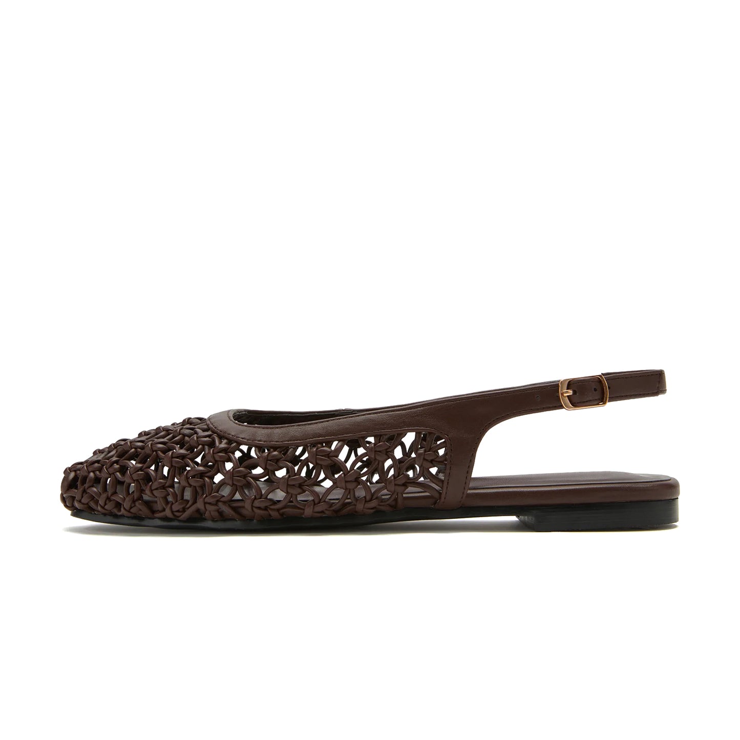 Coffee Woven Vegan Leather Square-Toe Back Buckle Strap Flats