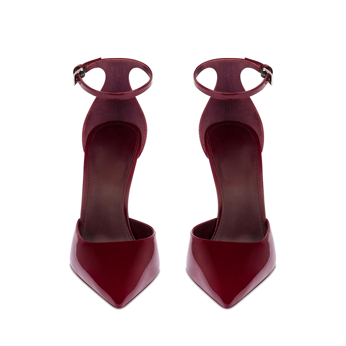 Patent Burgundy Pointed-Toe Buckle Ankle Strap High Heels Pumps