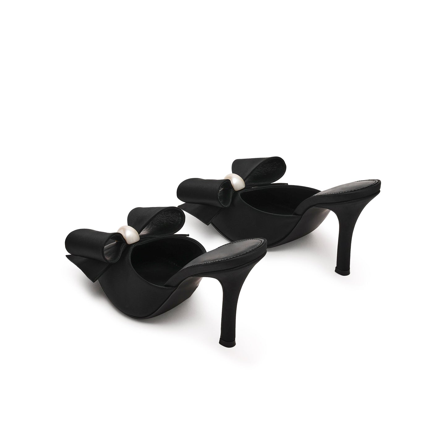 Black Satin Pointed-Toe Front Big Bow Slip-On Backless High Heels