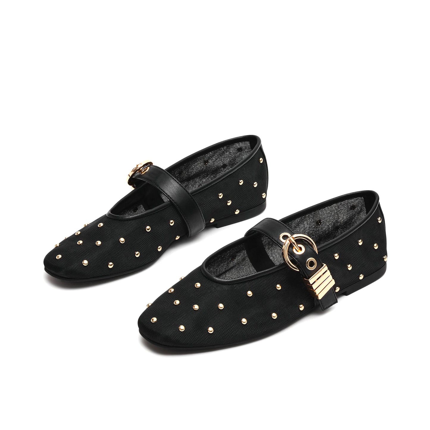 Black Studded Mesh Square-Toe Bridge Strap Ballet Flats