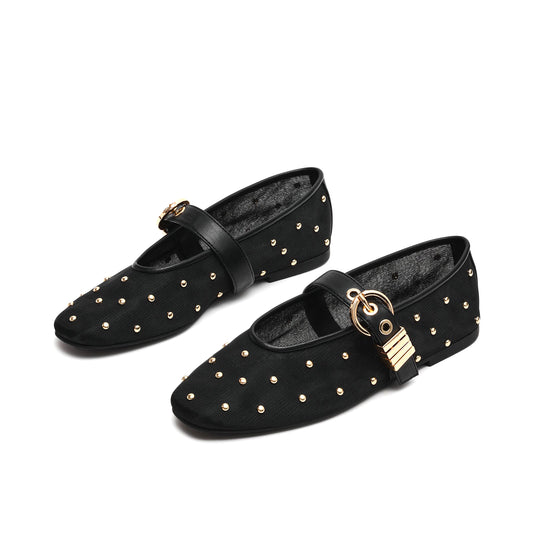 Black Studded Mesh Square-Toe Bridge Strap Ballet Flats