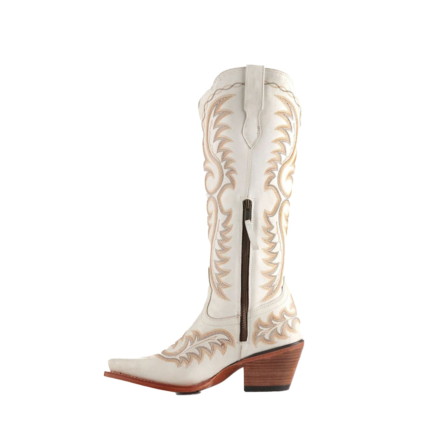 Ivory Snip-Toe Chic Embroidery Half-Zip Knee High Cowgirl Boots
