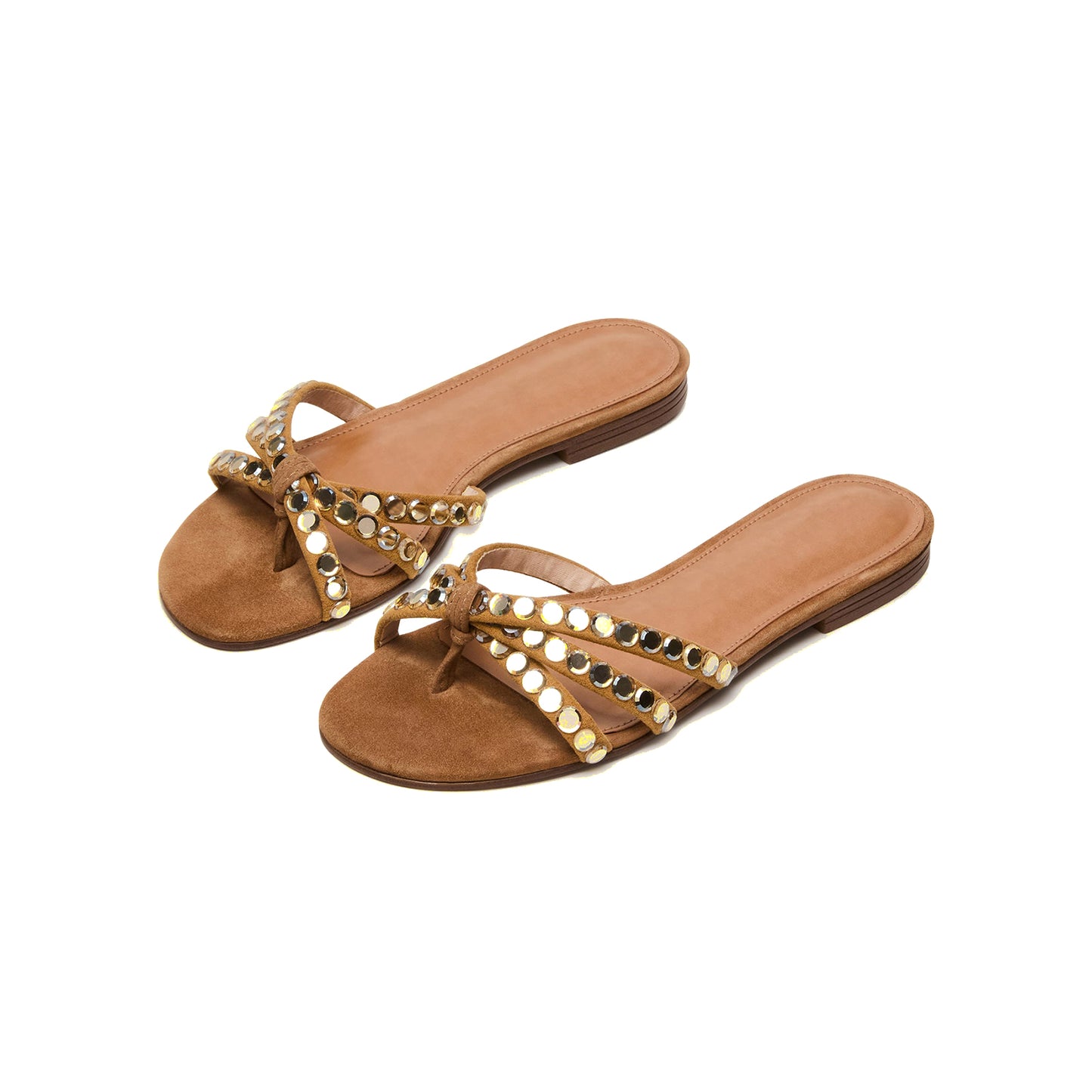 Brown Faux Suede Square-Toe Front Strappy With Rhinestones Backless Flats