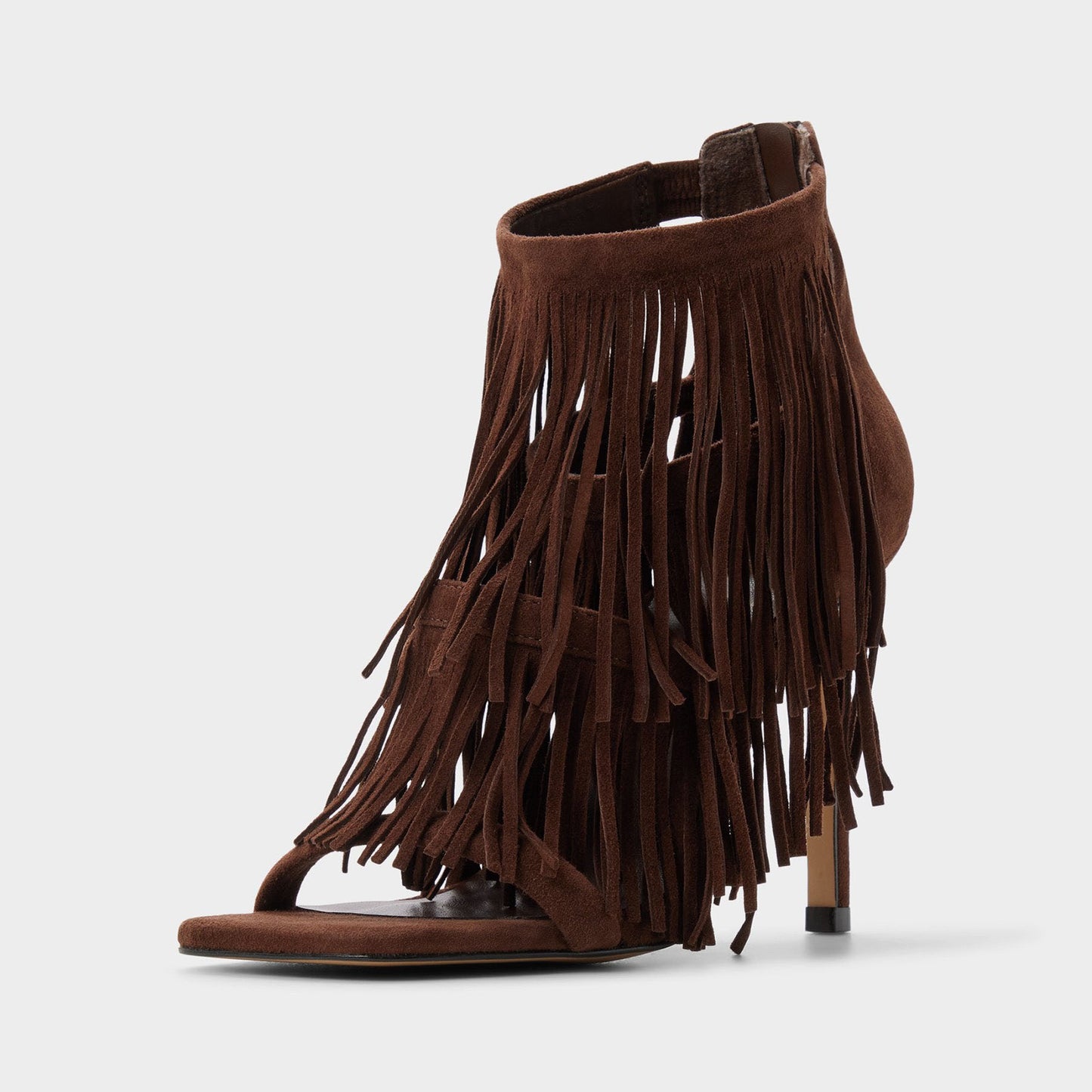 Brown Faux Suede Square-Toe Fringe And Strappy Back-Zip High Heels