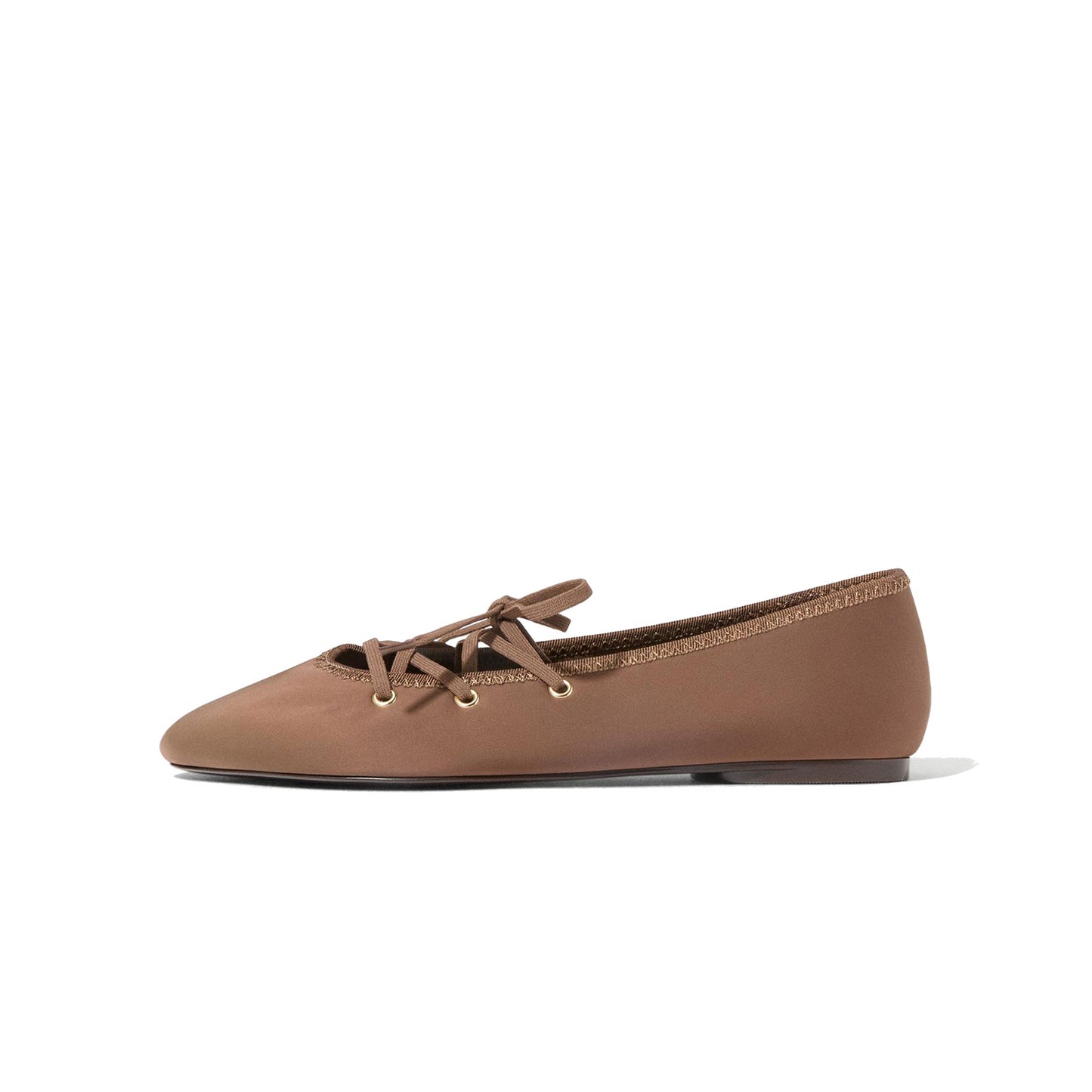 Brown Satin Round-Toe Lace-Up Chic Ballet Flats