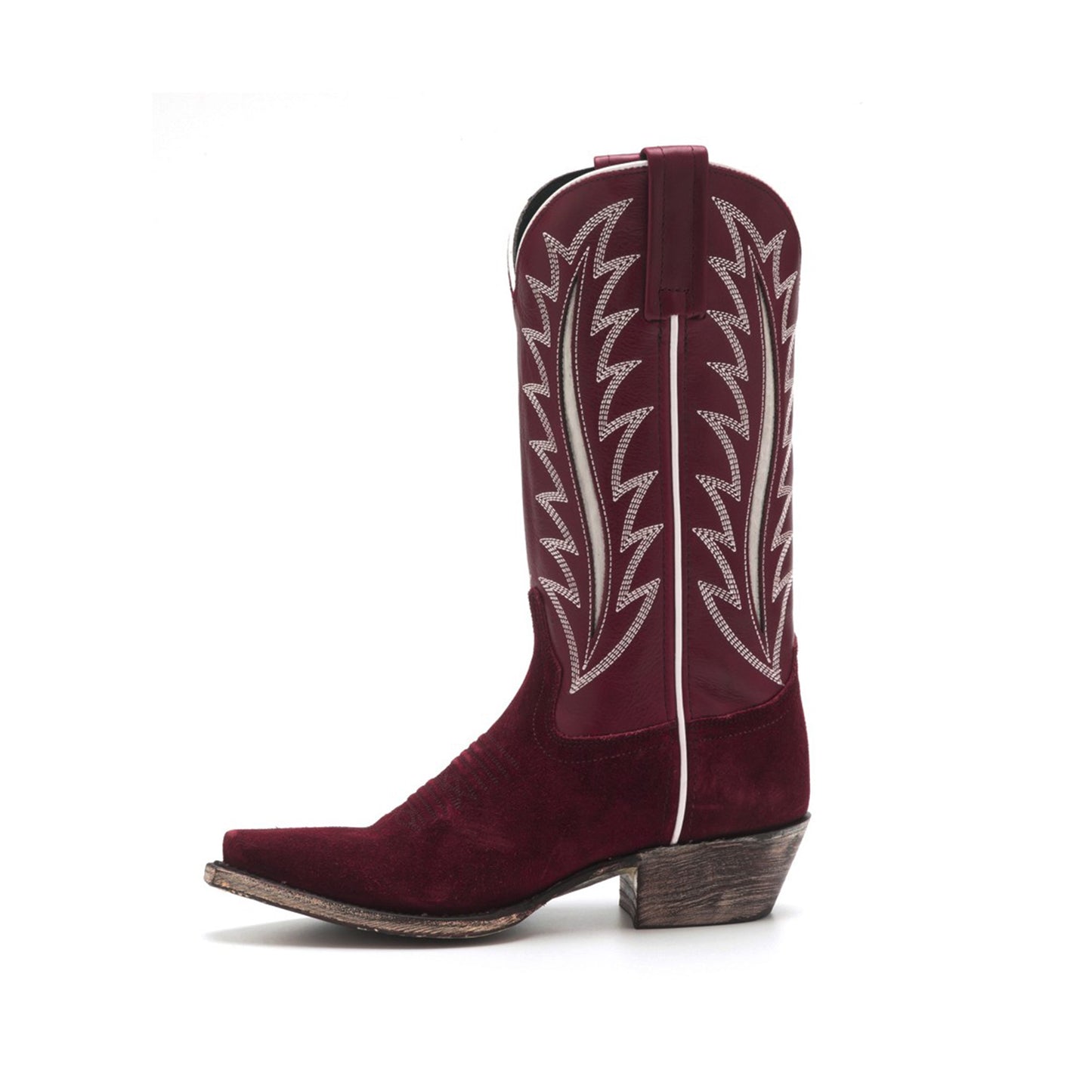 Burgundy Contrast Vegan Leather And Faux Suede Snip-Toe Inlay Embroidery Mid Calf Cowgirl Boots