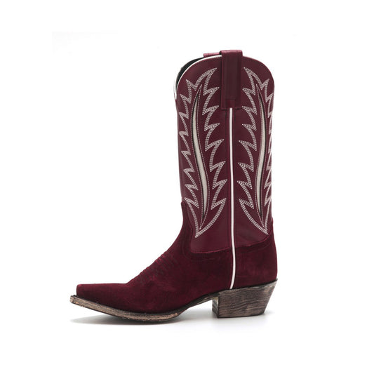 Burgundy Contrast Vegan Leather And Faux Suede Snip-Toe Inlay Embroidery Mid Calf Cowgirl Boots