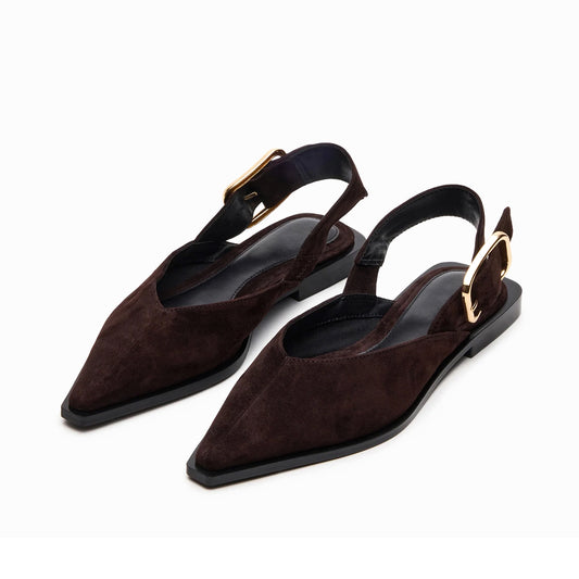 Brown Faux Suede Pointed-Toe Slingback Buckle Flats
