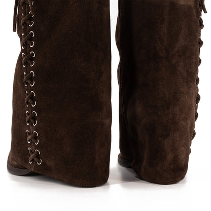 Brown Faux Suede Pointed-Toe Fold-Over Side Lace-Up Mid Calf Cowgirl Boots