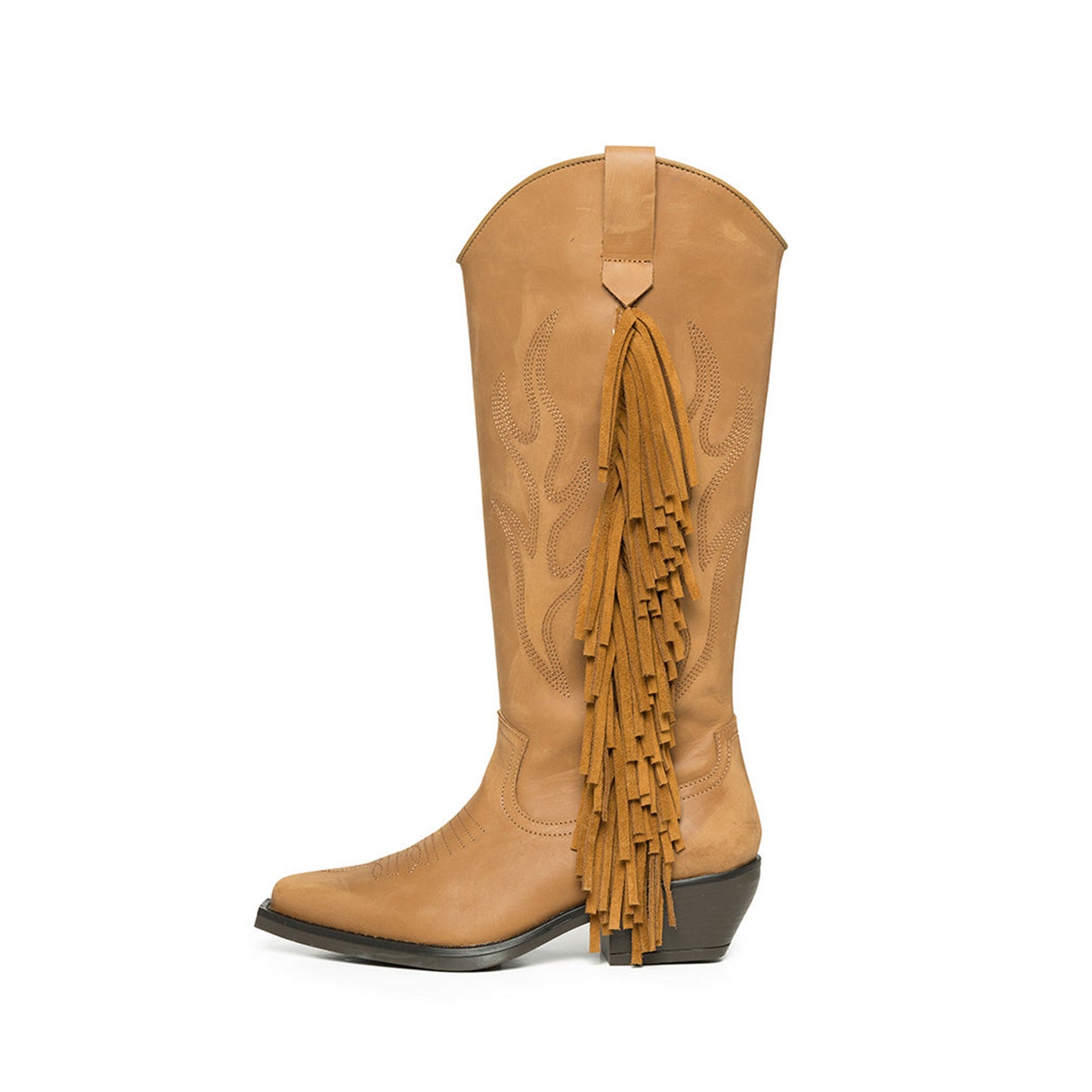 Tan Almond-Toe Faux Suede Fringe Half-Zip Embroidery Knee High Cowgirl Boots