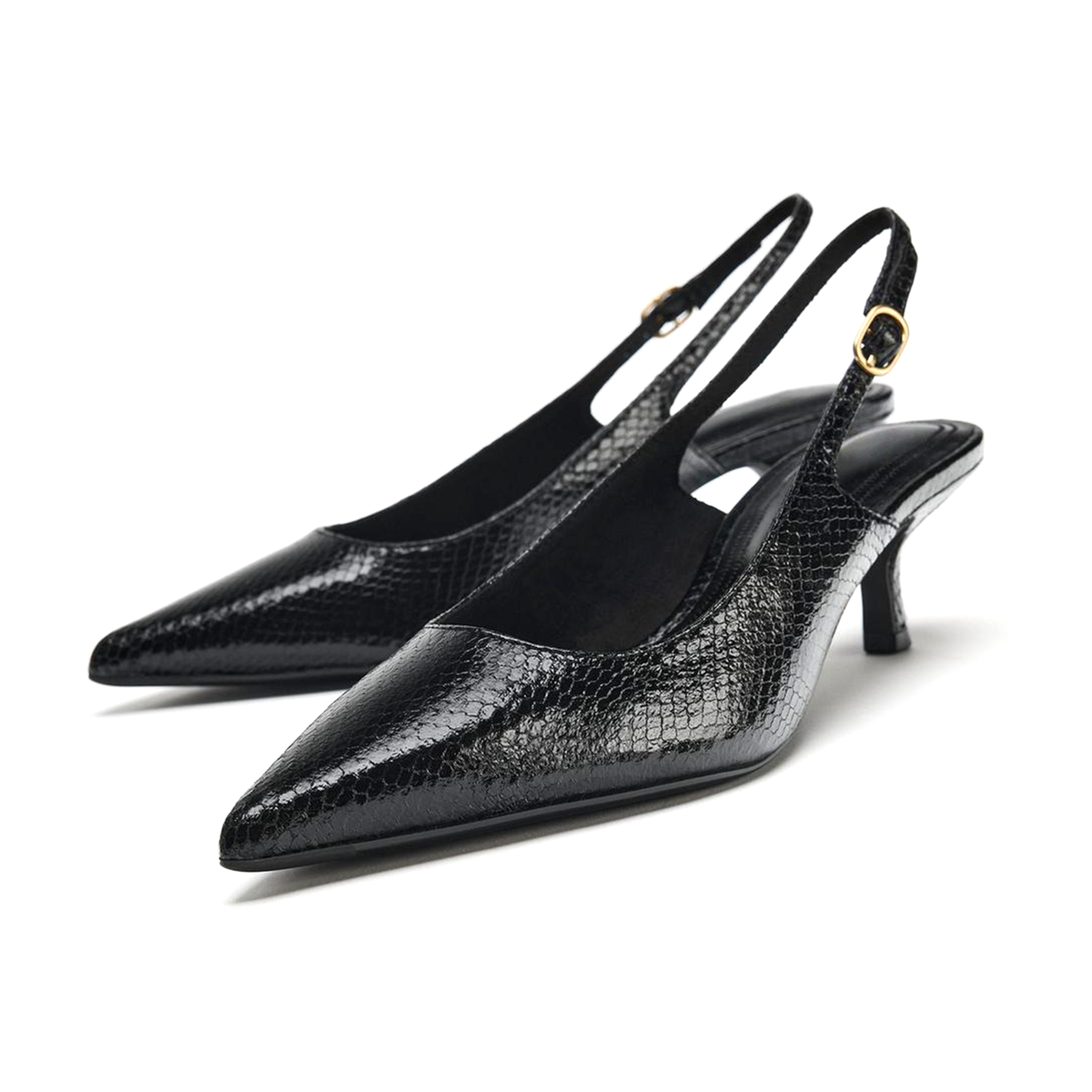 Black Snakeskin Pattern Vegan Leather Pointed-Toe Buckle Back Strap Classic Kitten Heels
