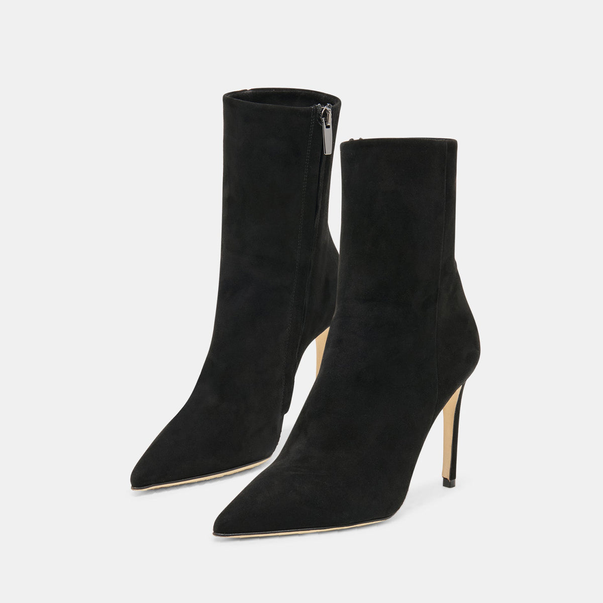 Black Faux Suede Pointed-Toe Classic Full-Zip Ankle Stiletto Boots