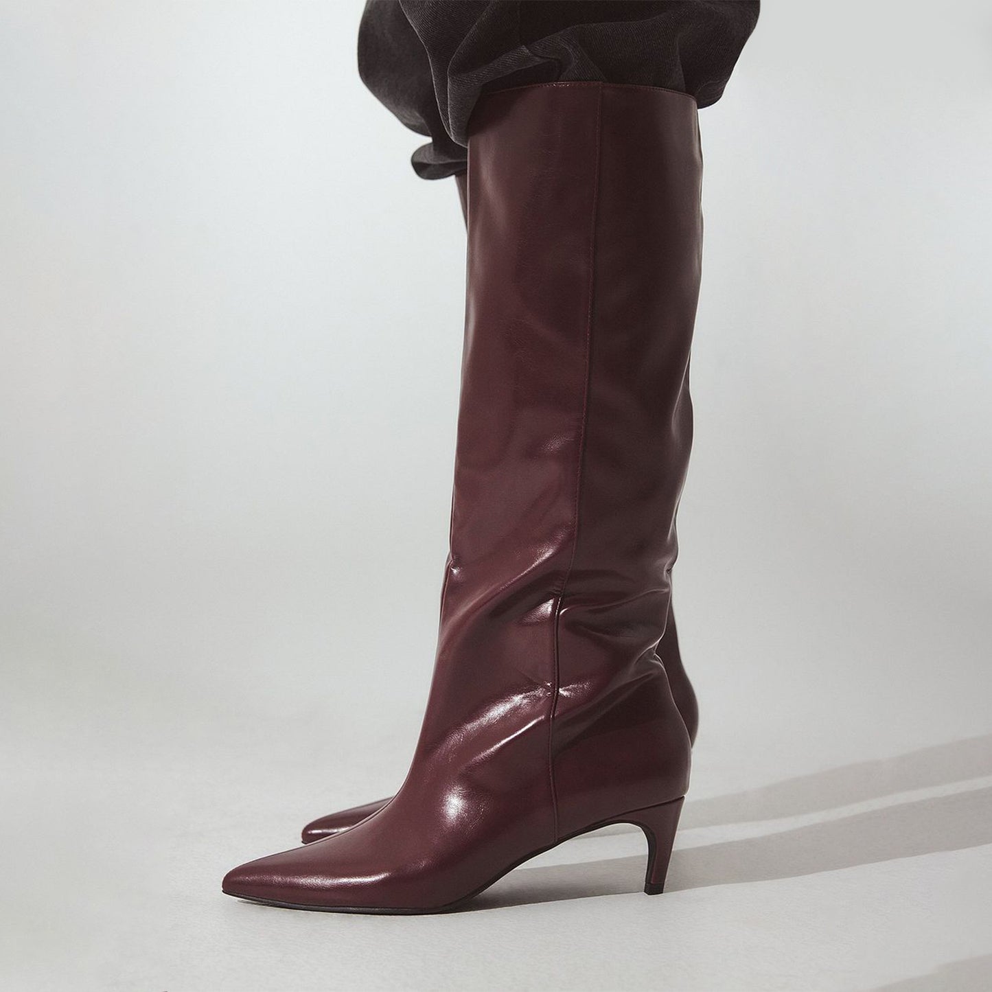 Burgundy Vegan Leather Pointed-Toe Full-Zip Knee High Stiletto Boots
