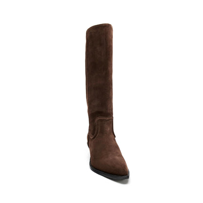 Brown Faux Suede Almond-Toe Simple Mid Calf Cowgirl Boots
