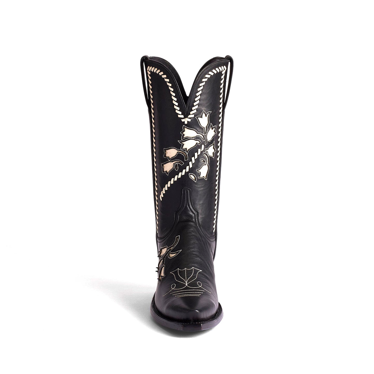 Black Snip-Toe Little Tulips Inlay And Running Stitch Mid Calf Cowgirl Boots