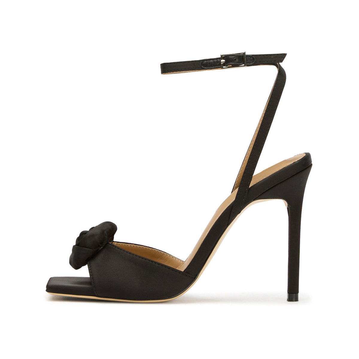 Black Satin Square-Toe Front Rose Ankle Strap High Heels