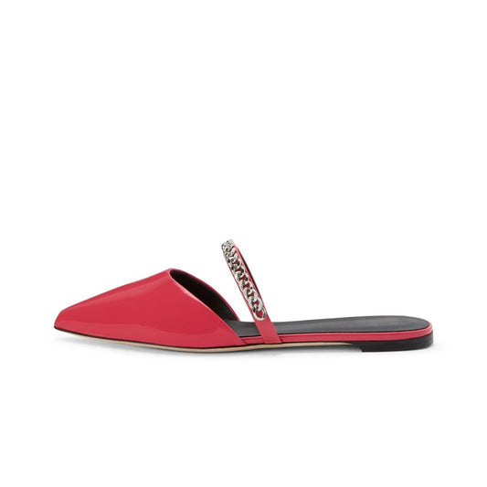 Patent Red Pointed-Toe Bridge Strap With Silver Chain Backless Flats