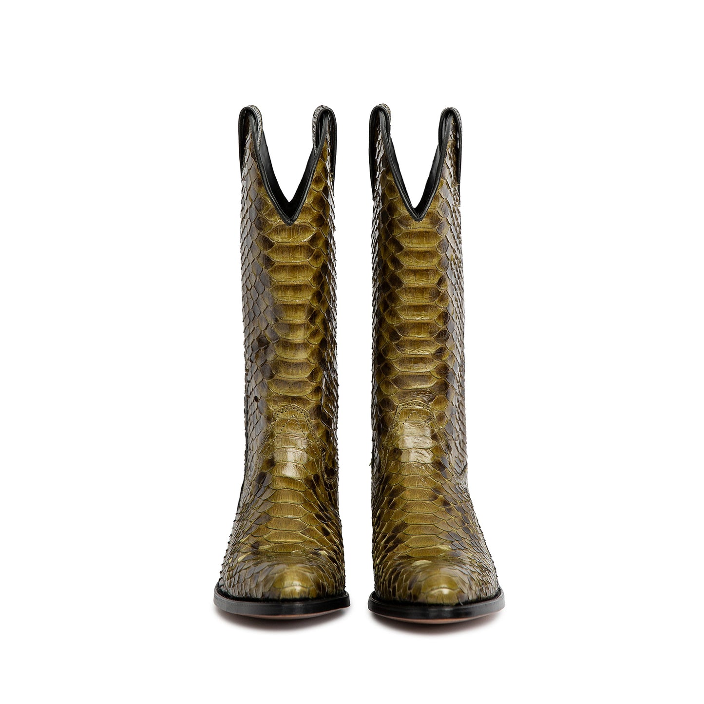 Brass Snakeskin Print Round-Toe Stars Inlays Mid Calf Cowgirl Boots
