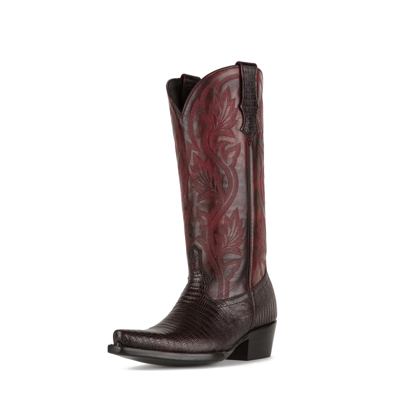 Cherry Contrast Vegan Leather And Lizard Print Snip-Toe Embroidery Mid Calf Cowgirl Boots