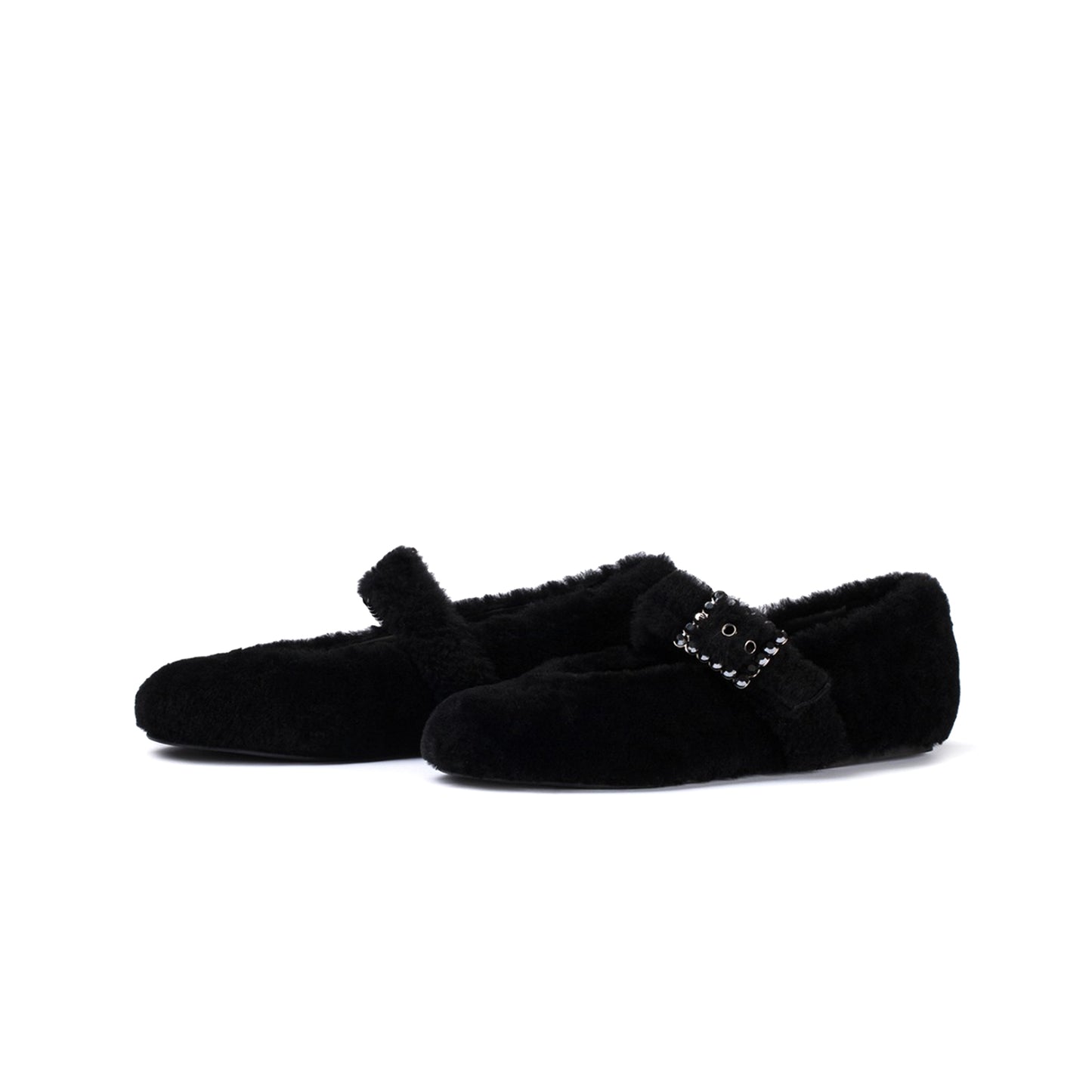Black Full Plush Square-Toe Bridge Strap Ballet Flats