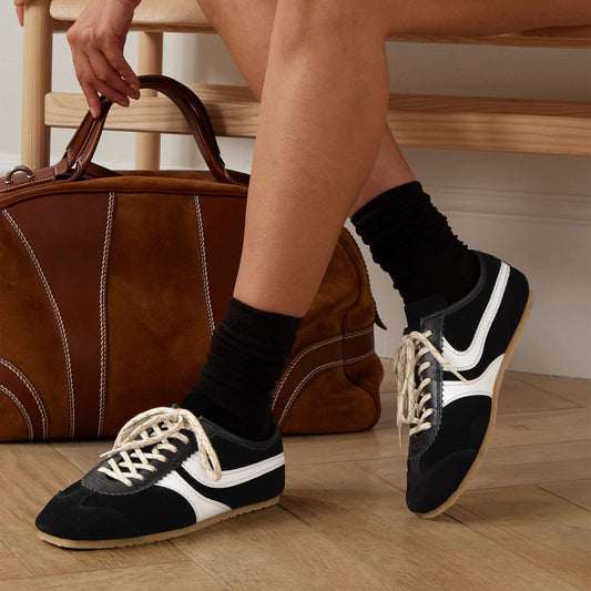 Black Contrast Faux Suede And Vegan Leather Square-Toe Lace-Up Sneakers Flats