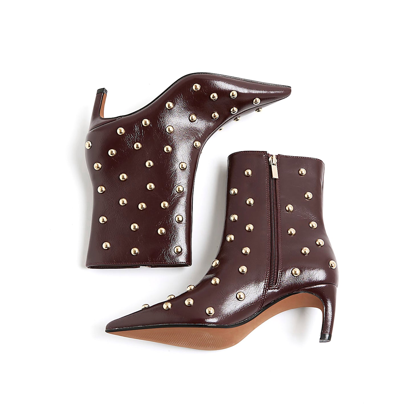 Black Pointed-Toe Studded Full-Zip Ankle Stiletto Boots