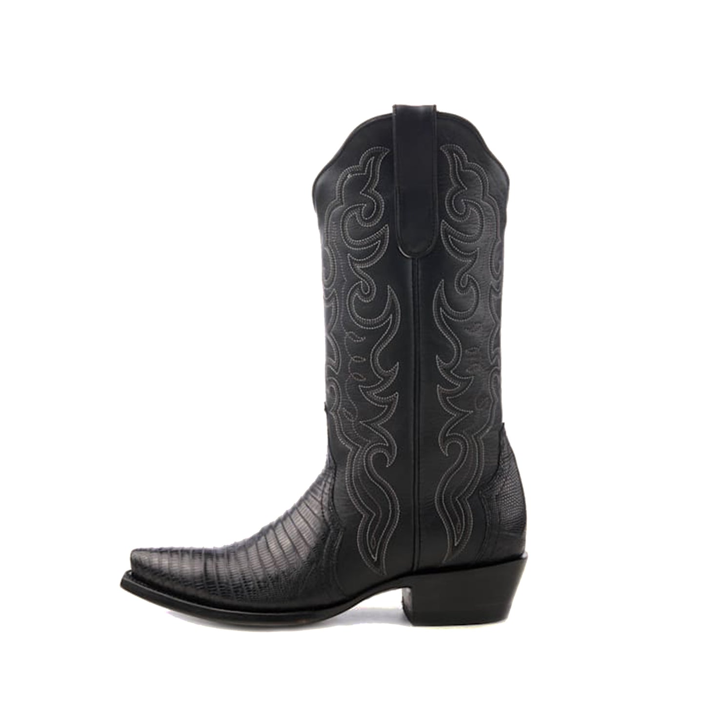 Black Contrast Vegan Leather And Lizard Print Snip-Toe Embroidery Classic Mid Calf Cowgirl Boots